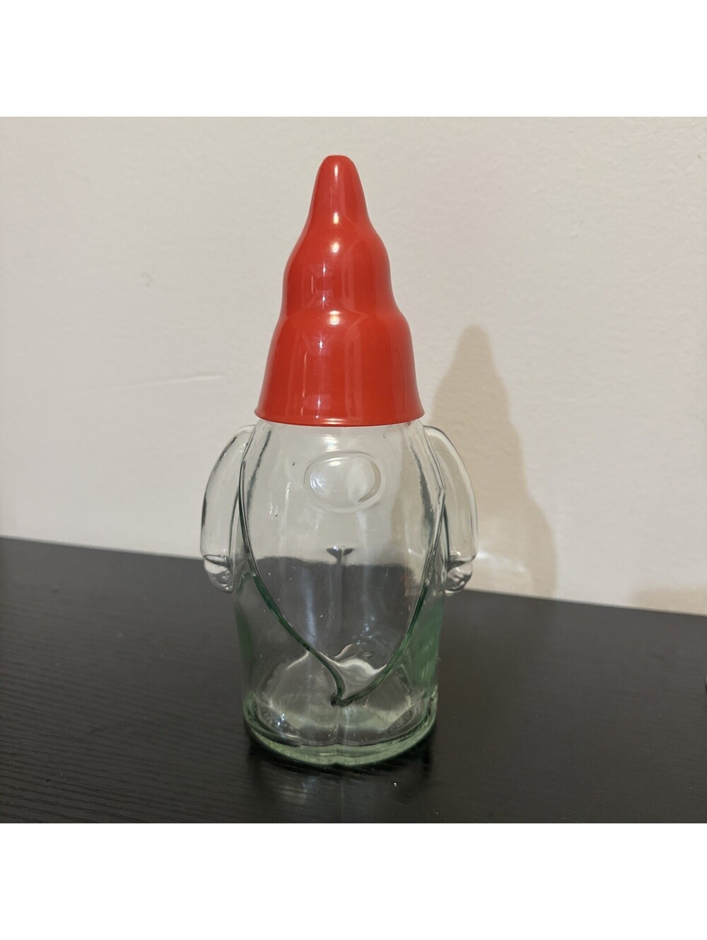 Glass Christmas Gnome Canister Decanter Bottle Red Hat Sleigh Bell Bistro 19 Oz